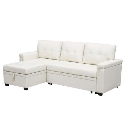 L-Shape Sectional Sofa: Sectional Sofa Sleeper with Storage Chaise(White Air Leather)
