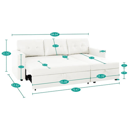 L-Shape Sectional Sofa: Sectional Sofa Sleeper with Storage Chaise(White Air Leather)