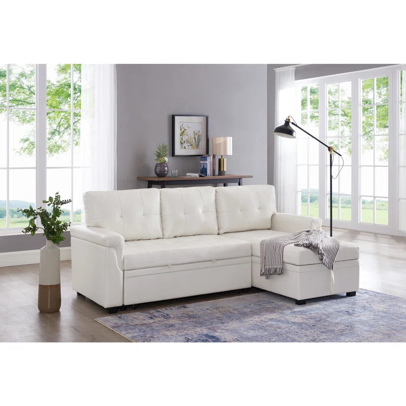 L-Shape Sectional Sofa: Sectional Sofa Sleeper with Storage Chaise(White Air Leather)