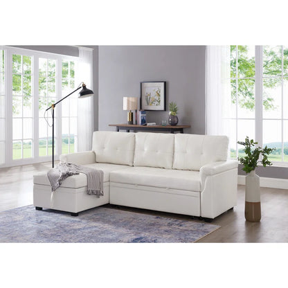 L-Shape Sectional Sofa: Sectional Sofa Sleeper with Storage Chaise(White Air Leather)