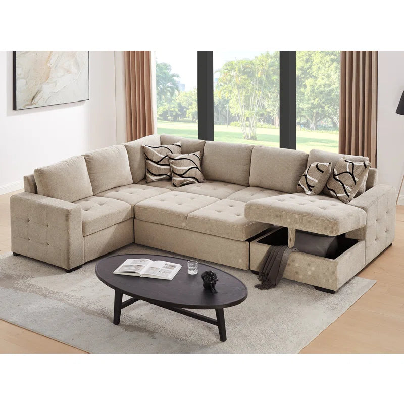 U Shape Sectional Sofa: 123" Oversized Sectional Sleeper Sofa With Storage Living Room(Beige)