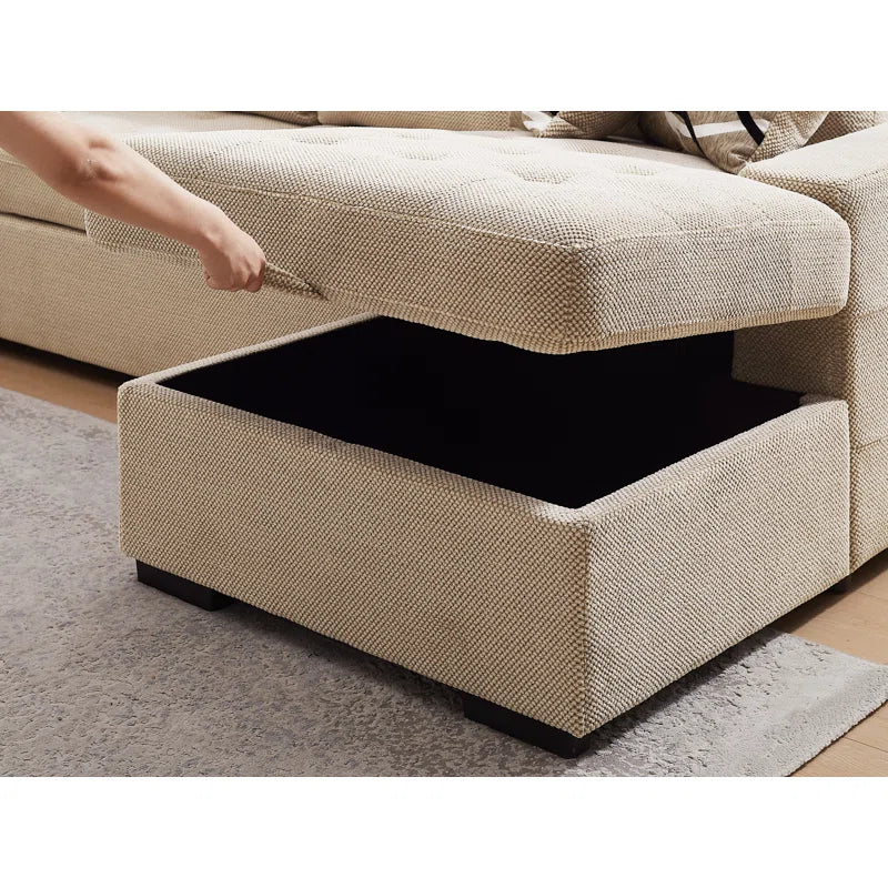 U Shape Sectional Sofa: 123" Oversized Sectional Sleeper Sofa With Storage Living Room(Beige)