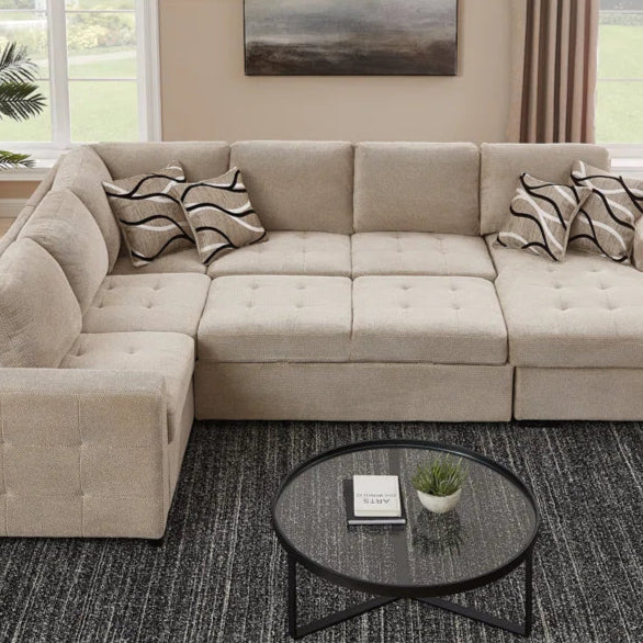 U Shape Sectional Sofa: 123" Oversized Sectional Sleeper Sofa With Storage Living Room(Beige)