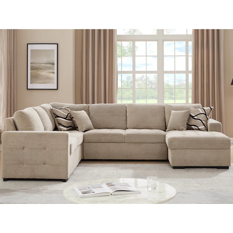 U Shape Sectional Sofa: 123" Oversized Sectional Sleeper Sofa With Storage Living Room(Beige)