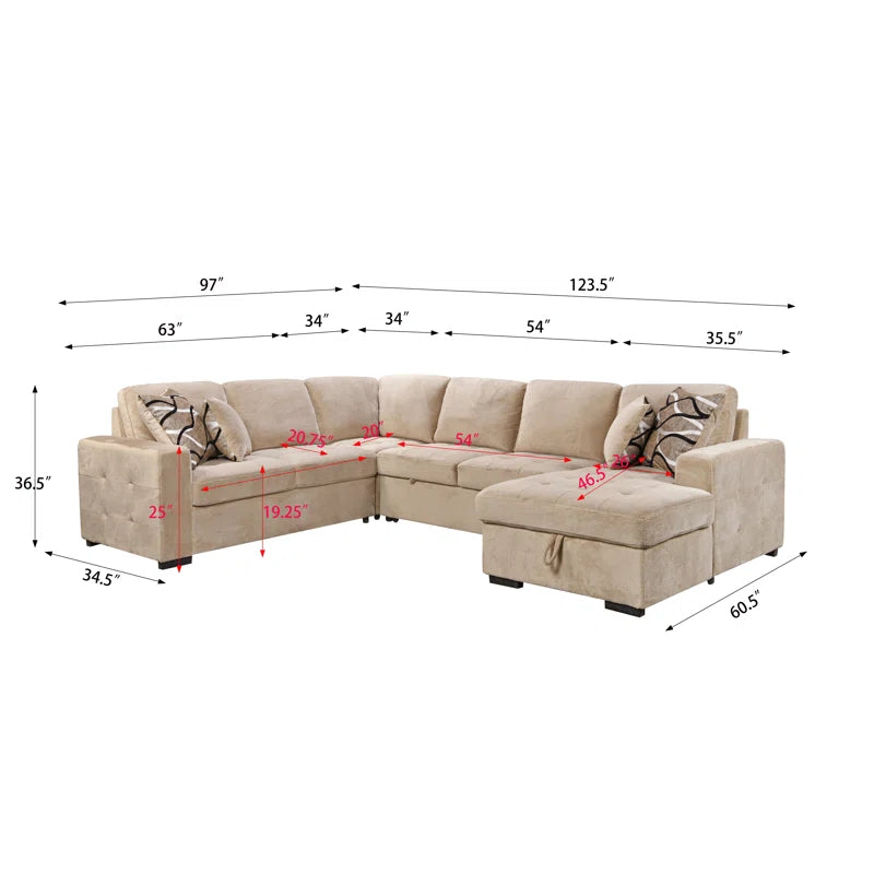 U Shape Sectional Sofa: 123" Oversized Sectional Sleeper Sofa With Storage Living Room(Beige)