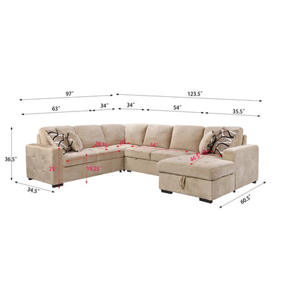 U Shape Sectional Sofa: 123" Oversized Sectional Sleeper Sofa With Storage Living Room(Beige)