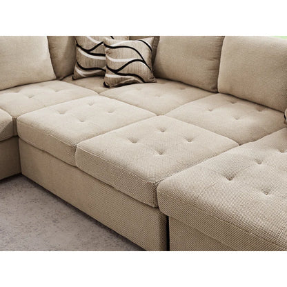 U Shape Sectional Sofa: 123" Oversized Sectional Sleeper Sofa With Storage Living Room(Beige)