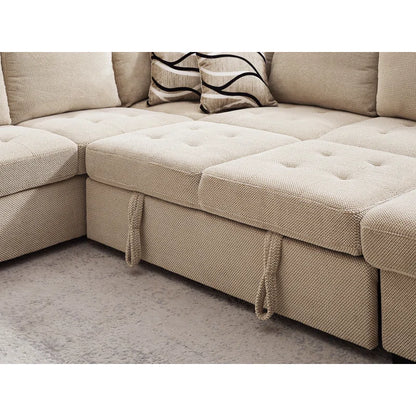 U Shape Sectional Sofa: 123" Oversized Sectional Sleeper Sofa With Storage Living Room(Beige)