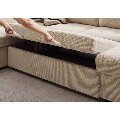 U Shape Sectional Sofa: 123" Oversized Sectional Sleeper Sofa With Storage Living Room(Beige)
