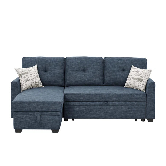 L- Shape Sectional Sofa: 85'' Square Arm Sofa Bed with Sleeper Sectional(Blue Linen Blend)