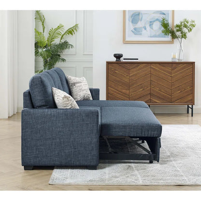 L- Shape Sectional Sofa: 85'' Square Arm Sofa Bed with Sleeper Sectional(Blue Linen Blend)