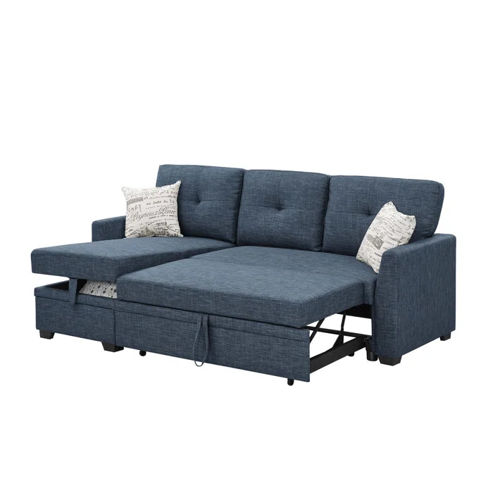 L- Shape Sectional Sofa: 85'' Square Arm Sofa Bed with Sleeper Sectional(Blue Linen Blend)