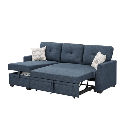 L- Shape Sectional Sofa: 85'' Square Arm Sofa Bed with Sleeper Sectional(Blue Linen Blend)