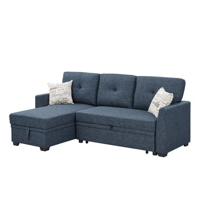 L- Shape Sectional Sofa: 85'' Square Arm Sofa Bed with Sleeper Sectional(Blue Linen Blend)