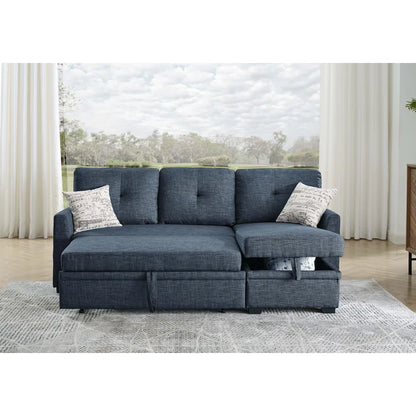 L- Shape Sectional Sofa: 85'' Square Arm Sofa Bed with Sleeper Sectional(Blue Linen Blend)