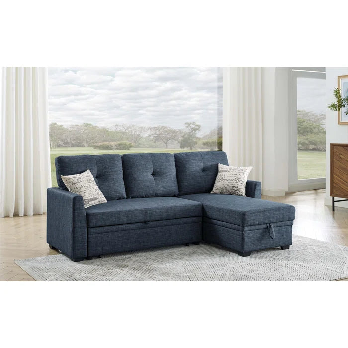 L- Shape Sectional Sofa: 85'' Square Arm Sofa Bed with Sleeper Sectional(Blue Linen Blend)