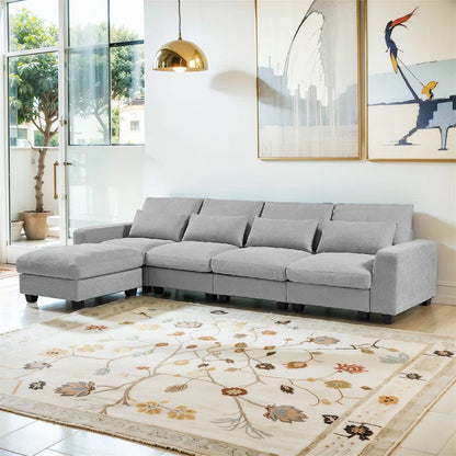 5 Seater Sofa: 129.9" Square Arm Sofa Chaise, Modern Large L-Shape Feather Filled Sectional Sofa(Light Gray Linen)