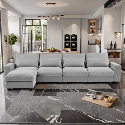 5 Seater Sofa: 129.9" Square Arm Sofa Chaise, Modern Large L-Shape Feather Filled Sectional Sofa(Light Gray Linen)