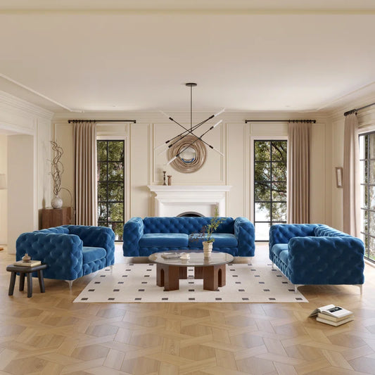 THE CASA ORO® 3-Piece Tufted Velvet Living Room Set with Chrome Legs, Sofa, Loveseat, and Chesterfield Chair(Navy Blue Velvet)