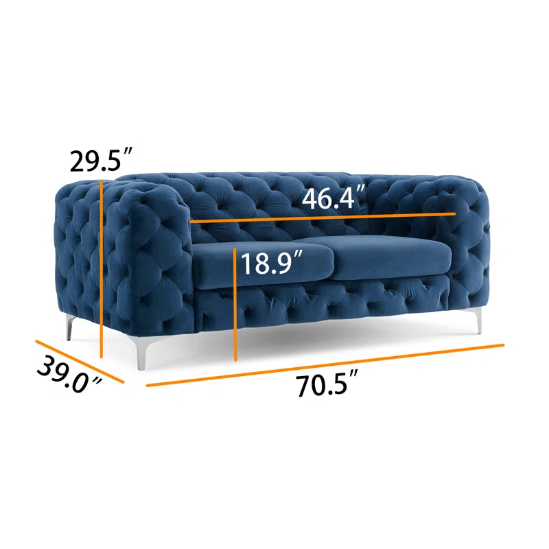 THE CASA ORO® 3-Piece Tufted Velvet Living Room Set with Chrome Legs, Sofa, Loveseat, and Chesterfield Chair(Navy Blue Velvet)