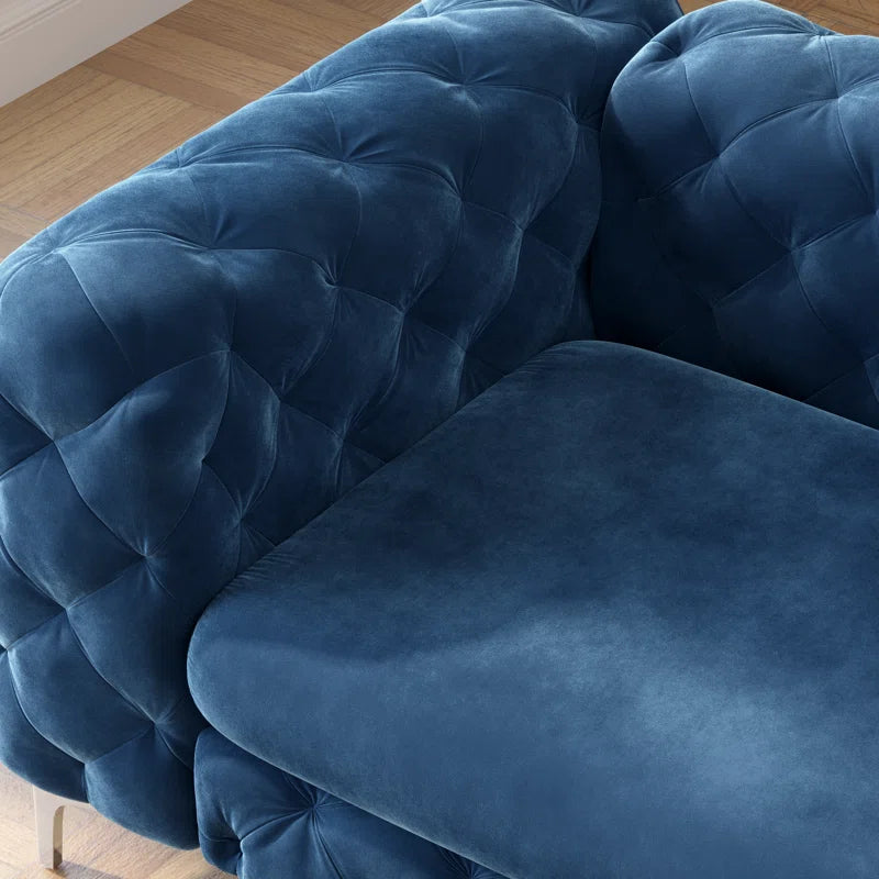 THE CASA ORO® 3-Piece Tufted Velvet Living Room Set with Chrome Legs, Sofa, Loveseat, and Chesterfield Chair(Navy Blue Velvet)