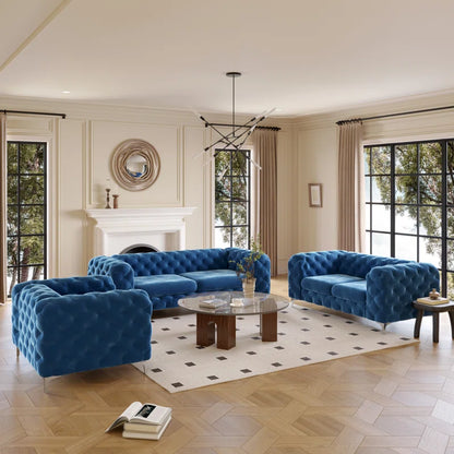 THE CASA ORO® 3-Piece Tufted Velvet Living Room Set with Chrome Legs, Sofa, Loveseat, and Chesterfield Chair(Navy Blue Velvet)