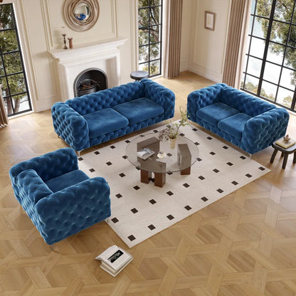 THE CASA ORO® 3-Piece Tufted Velvet Living Room Set with Chrome Legs, Sofa, Loveseat, and Chesterfield Chair(Navy Blue Velvet)