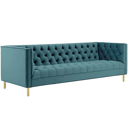 4 Seater Sofa: Tuxedo Arm Chesterfield Sofa Delight Tufted Button Performance Velvet Sofa(Sea Blue Velvet)
