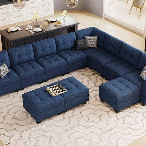 9 Seater Sofa: 143'' U-Shaped Couch Modular Polyester Blend Sectional Sofa(Blue Polyester Blend)