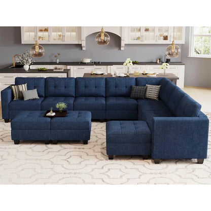 9 Seater Sofa: 143'' U-Shaped Couch Modular Polyester Blend Sectional Sofa(Blue Polyester Blend)