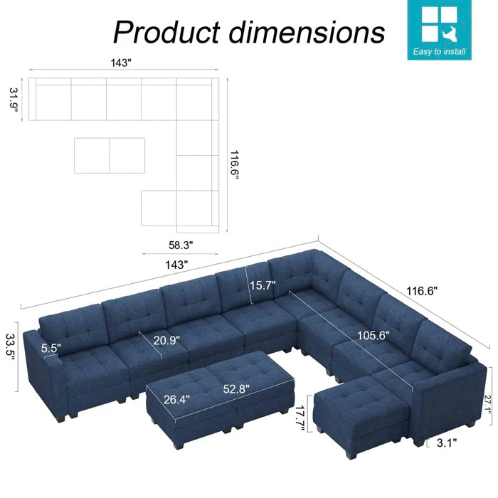 9 Seater Sofa: 143'' U-Shaped Couch Modular Polyester Blend Sectional Sofa(Blue Polyester Blend)