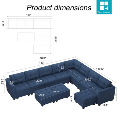 9 Seater Sofa: 143'' U-Shaped Couch Modular Polyester Blend Sectional Sofa(Blue Polyester Blend)