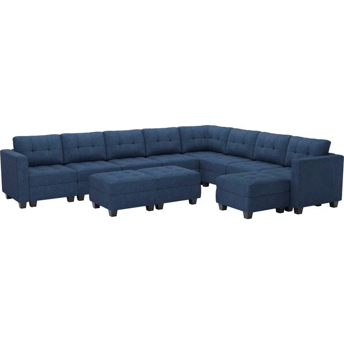 9 Seater Sofa: 143'' U-Shaped Couch Modular Polyester Blend Sectional Sofa(Blue Polyester Blend)