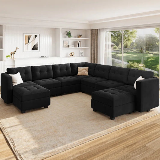 9 Seater Sofa: U-Shaped Modular Upholstered Sectional Sofa for Living Room(Black Velvet)