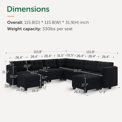 9 Seater Sofa: U-Shaped Modular Upholstered Sectional Sofa for Living Room(Black Velvet)