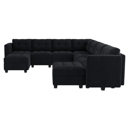 9 Seater Sofa: U-Shaped Modular Upholstered Sectional Sofa for Living Room(Black Velvet)