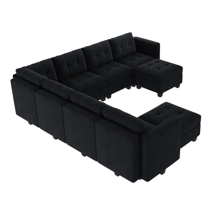 9 Seater Sofa: U-Shaped Modular Upholstered Sectional Sofa for Living Room(Black Velvet)