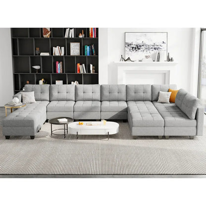 9 Seater Sofa: 169.4'' Large U-Shaped Variable Sectional Couch Module Polyester Blend Sofa with Storage(Light Gray Linen Blend)