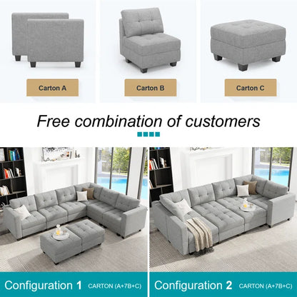 9 Seater Sofa: 169.4'' Large U-Shaped Variable Sectional Couch Module Polyester Blend Sofa with Storage(Light Gray Linen Blend)