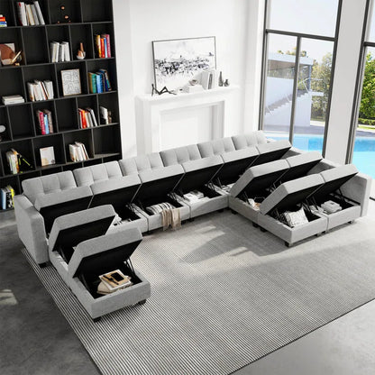 9 Seater Sofa: 169.4'' Large U-Shaped Variable Sectional Couch Module Polyester Blend Sofa with Storage(Light Gray Linen Blend)