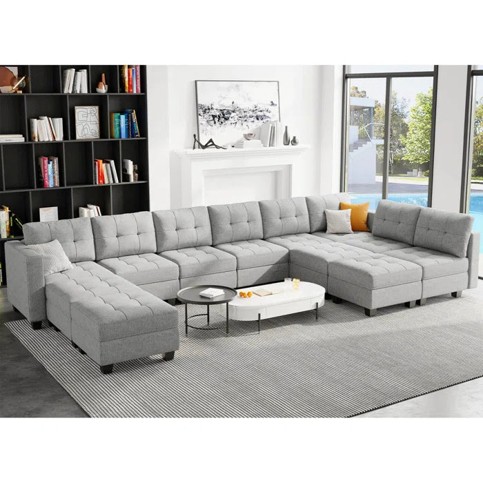9 Seater Sofa: 169.4'' Large U-Shaped Variable Sectional Couch Module Polyester Blend Sofa with Storage(Light Gray Linen Blend)