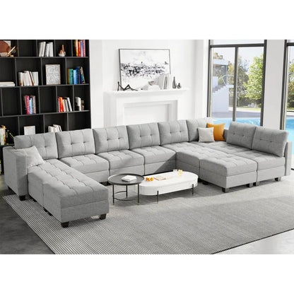 9 Seater Sofa: 169.4'' Large U-Shaped Variable Sectional Couch Module Polyester Blend Sofa with Storage(Light Gray Linen Blend)