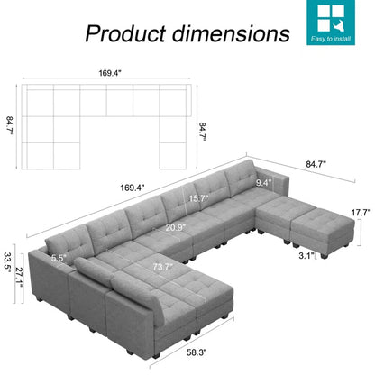 9 Seater Sofa: 169.4'' Large U-Shaped Variable Sectional Couch Module Polyester Blend Sofa with Storage(Light Gray Linen Blend)