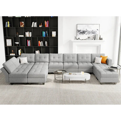 9 Seater Sofa: 169.4'' Large U-Shaped Variable Sectional Couch Module Polyester Blend Sofa with Storage(Light Gray Linen Blend)