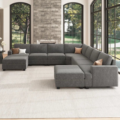 9 Seater Sofa: U Shaped Sectional Modular Design Corner Sofa with Storage Ottoman(Light Gray Polyester)