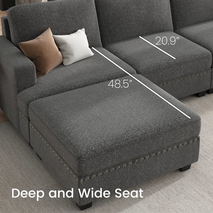 9 Seater Sofa: U Shaped Sectional Modular Design Corner Sofa with Storage Ottoman(Light Gray Polyester)