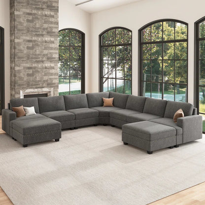 9 Seater Sofa: U Shaped Sectional Modular Design Corner Sofa with Storage Ottoman(Light Gray Polyester)