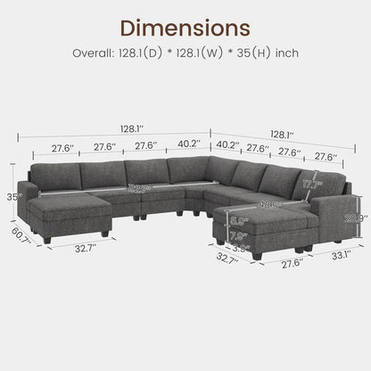 9 Seater Sofa: U Shaped Sectional Modular Design Corner Sofa with Storage Ottoman(Light Gray Polyester)