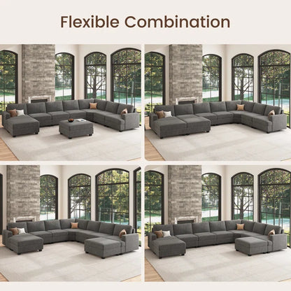 9 Seater Sofa: U Shaped Sectional Modular Design Corner Sofa with Storage Ottoman(Light Gray Polyester)