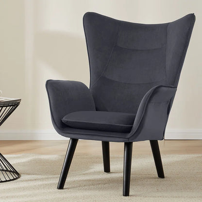 THE CASA ORO® Upholstered Accent Wing Armchair Solid Metal Frame and Rubber Wood Legs with Wooden Boards & High-Elastic Sponge(Dark Gray Velvet)